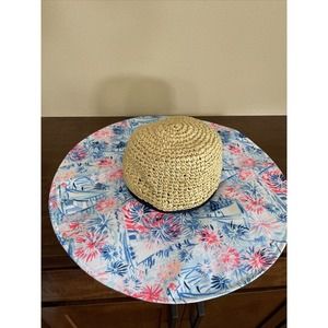 NWT Lilly Pulitzer Straw/Fabric Floppy Beach Hat Pink Blue Sea To Shinin…